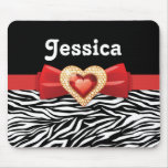 Glamourous Black white zebra print, red bow & jewe Mouse Pads