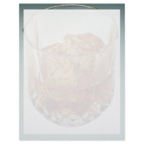 Glass tumbler filled with scotch and ice cubes custom letterhead
