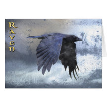 Gliding Black Raven on Steel-look Greeting Card