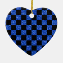 Glitter blue and black checkered pattern christmas tree ornaments