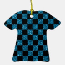 Glitter blue and black checkered pattern christmas tree ornaments
