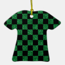 Glitter green and black checkered pattern christmas tree ornaments