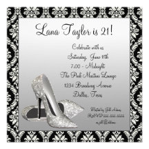 Glitter High Heels Black Damask Birthday Party Custom Announcements