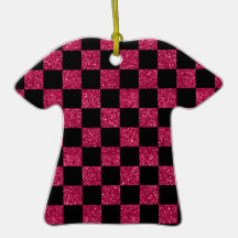 Glitter hot pink and black checkered pattern christmas ornaments