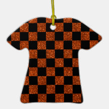 Glitter orange and black checkered pattern christmas tree ornament