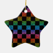 Glitter rainbow and black checkered pattern christmas ornaments