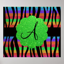 Glitter rainbow zebra stripes monogram posters