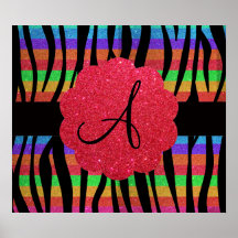 Glitter rainbow zebra stripes monogram posters