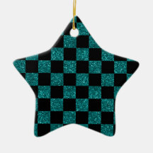 Glitter turquoise and black checkered pattern christmas ornaments