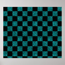 Glitter turquoise and black checkered pattern print