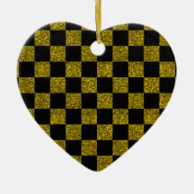 Glitter yellow and black checkered pattern christmas tree ornaments