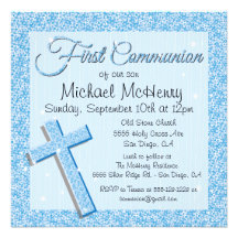 Glittering Sequin Blue First Communion Invitation