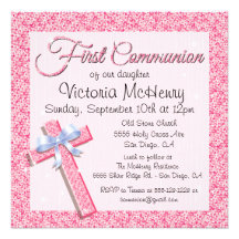 Glittering Sequin Pink First Communion Invitation
