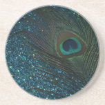 Glittery Aqua Peacock Beverage Coaster