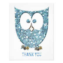 Glittery Blue Bling Owl Flat Thank You  Notes Announcement