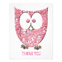Glittery Pink Bling Owl Flat Thank You  Notes Custom Invite