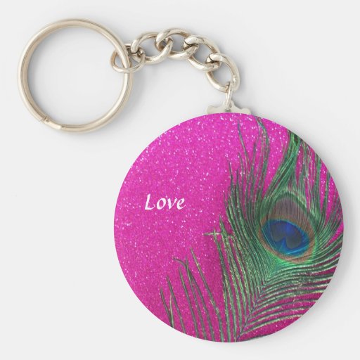 Glittery Pink Peacock Feather Keychains