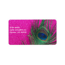 Glittery Pink Peacock Feather Custom Address Labels