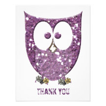 Glittery Purple Bling Owl Flat Thank You  Notes Custom Announcements