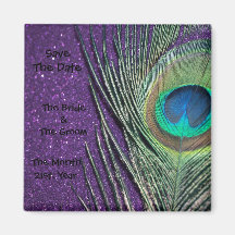 Glittery Purple Peacock Wedding Magnets