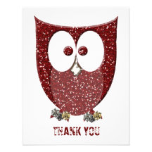 Glittery Red Bling Owl Flat Thank You  Notes Custom Invitation