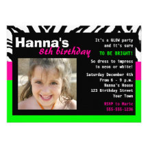 Glow Party Birthday Invitation Zebra Pink Green