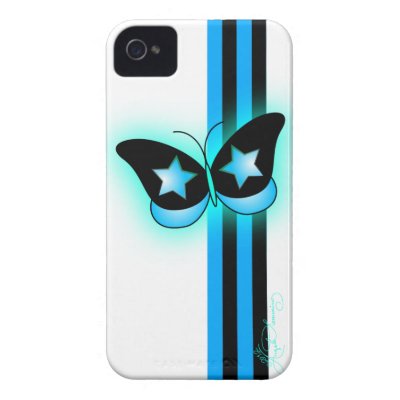 Glowing Blue & Black Butterfly & Stripes On White Iphone 4 Cover by TrixieTeddy
