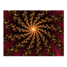 Glowing Golden Fractal Explosion on Burgundy Post Card