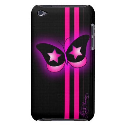 Glowing Pink Black Butterfly & Stripes On Black Barely There Ipod Case by TrixieTeddy