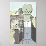 godzilla and an alien in "american gothic" poster