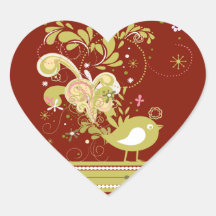 Gold Abstract Bird on Burgundy Heart Stickers