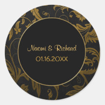 Gold and Black Damask Wedding Seal - Customize Round Sticker