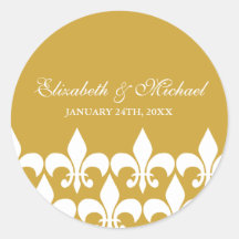 Gold and White Fleur de Lis Wedding Favour Label Round Sticker