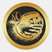 GOLD BASEBALL GLOVE AND BALL ROUND STICKERS