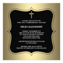 Gold Black Cross Boys First Communion Personalized Invites