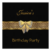 Gold Black Leopard bow Elegant Classy Birthday Custom Invitations