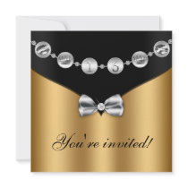 Gold Black Silver Bowed Charm Sweet Sixteen Invite