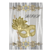 Gold Black White Masquerade Party RSVP Personalized Invitation