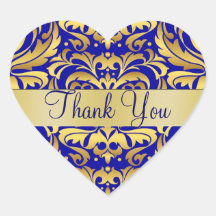 Gold & Blue Damask Thank You Heart Sticker