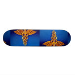 Gold caduceus over blue medical background custom skateboard