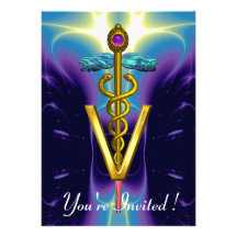 GOLD CADUCEUS VETERINARY SYMBOL Blue Purple Personalized Invite