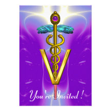 GOLD CADUCEUS VETERINARY SYMBOL Blue Purple Personalized Invitation