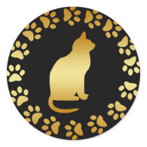 GOLD CAT AND PAWS ROUND STICKERS
