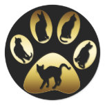 GOLD CAT PAW WITH CATS ROUND STICKER
