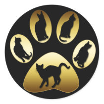 GOLD CAT PAW WITH CATS ROUND STICKER