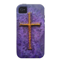 Gold cross on purple case for the iPhone 4