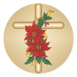 Gold Cross Poinsettia Christmas Stickers