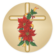 Gold Cross Poinsettia Christmas Stickers
