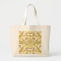 Gold Damask Gold Monogram Christmas Shopping Bag