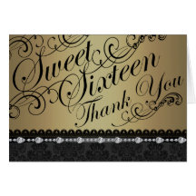 Gold Diamond & Damask sweet16 Thank You card